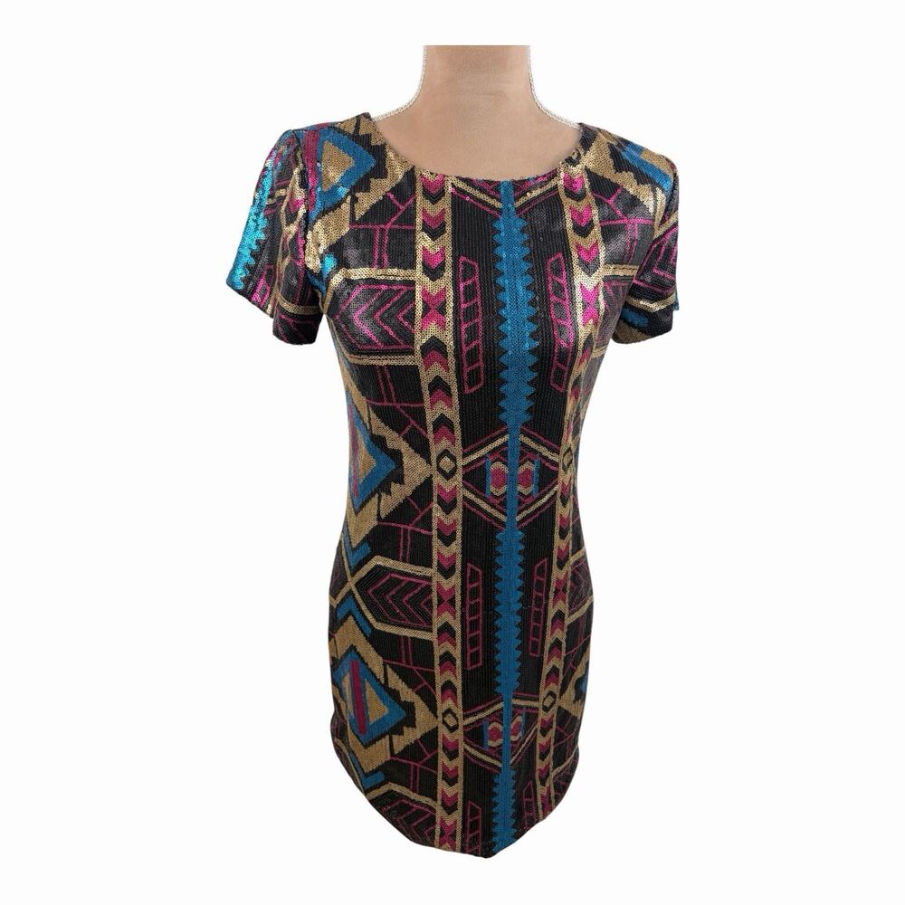 Sugar + Lips Sequin Geometric Bodycon Mini Dress Black Pink Blue Gold S